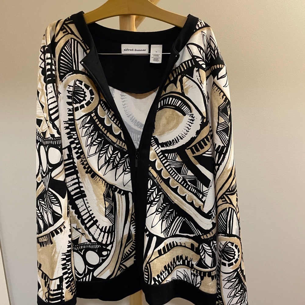 Alfred Dunner Black and Cream Cardigan Sweater with Abstract Design